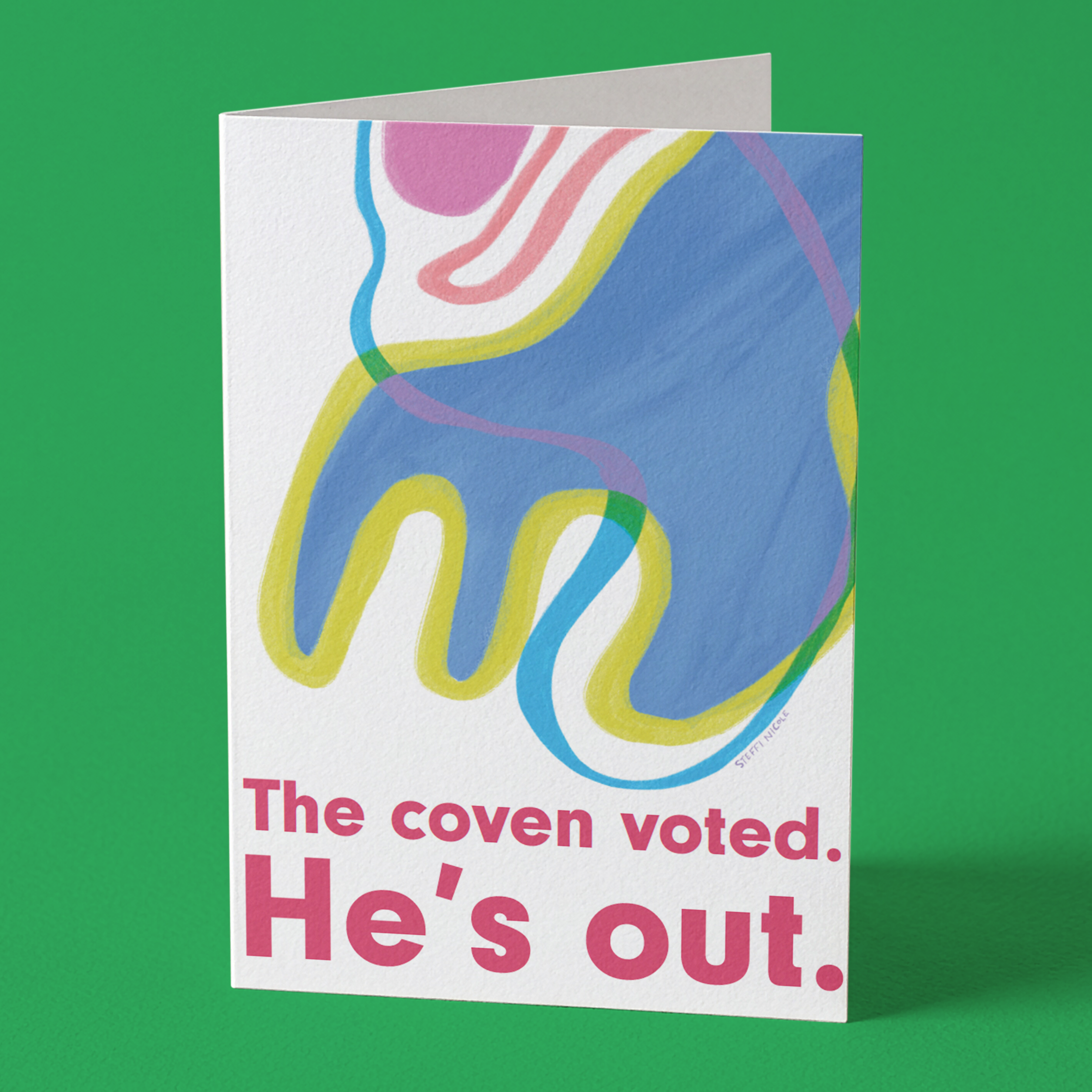 Greeting card with colorful design and text on a green background